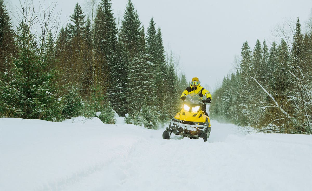 Snowmobile through trees